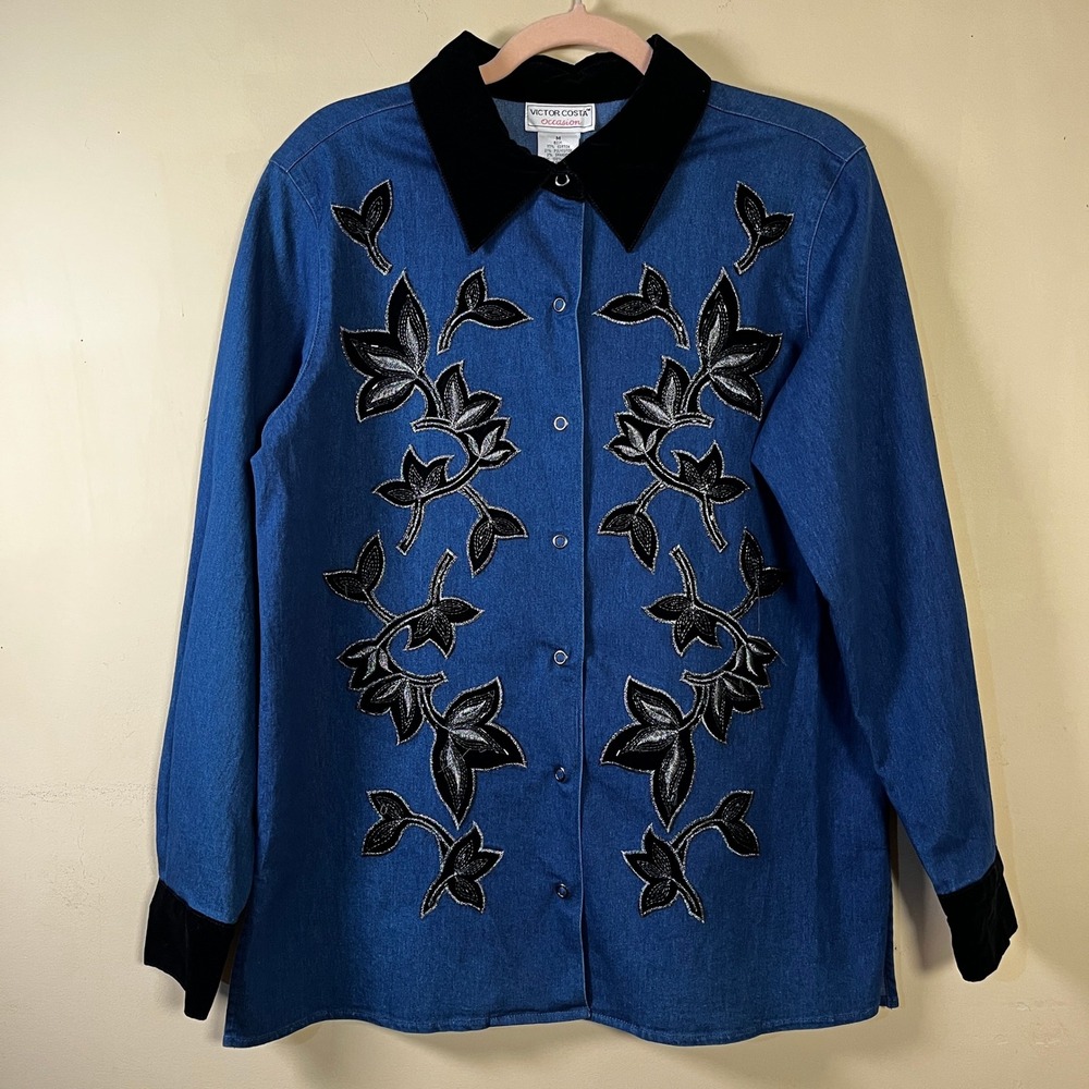 Vintage Victor Costa Occasion Denim Shirt M Blue Black Velvet Floral Beaded